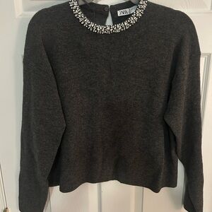 Zara Charcoal Sweater with Crystal Neckline